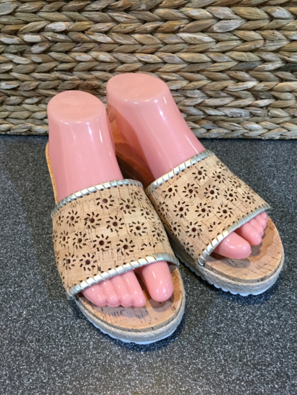 Jack Rogers Cork Beige Laser-Cut Slide Sandals with Silver Trim